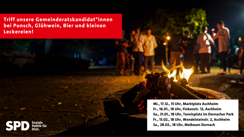 Das Bild zeigt eine Feuerschale und Menschen, die im Hintergrund stehen und sich unterhalten.