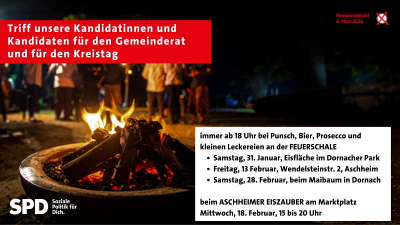 Das Bild zeigt eine Feuerschale und Menschen, die im Hintergrund stehen und sich unterhalten.